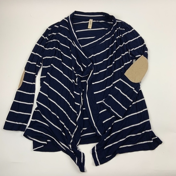 Lara Fashion Cardigan Womens Medium Long Sleeve Accent Elbow Patches Blue White - Picture 1 of 8